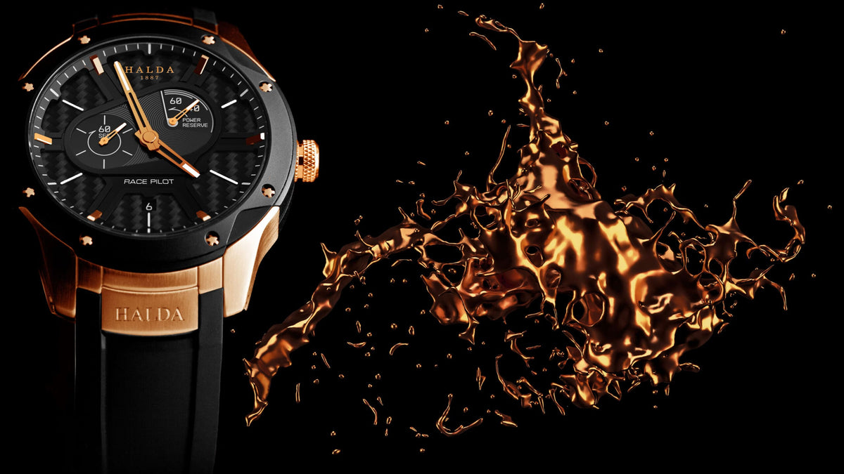 Bespoke from Swedish Halda. Race Pilot in 18 carat gold with or without diamonds.