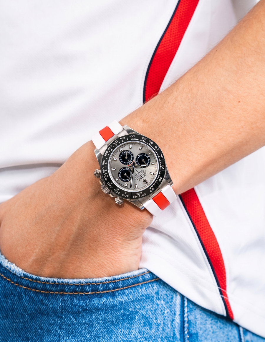Wristbuddys World Cup 2026 watch straps in national team colors on Rolex Daytona, premium FKM rubber with quick release spring bars