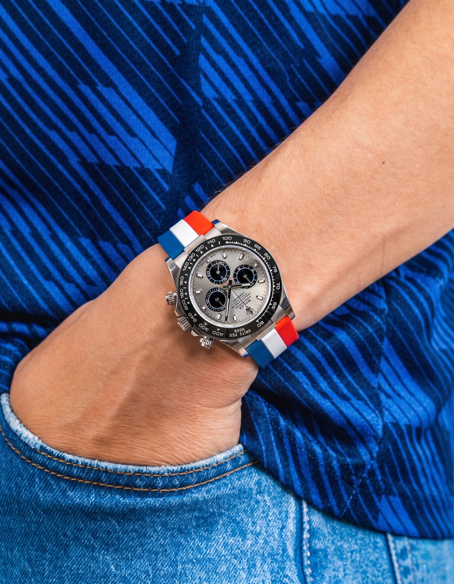 Wristbuddys World Cup 2026 watch straps in national team colors on Rolex Daytona, premium FKM rubber with quick release spring bars