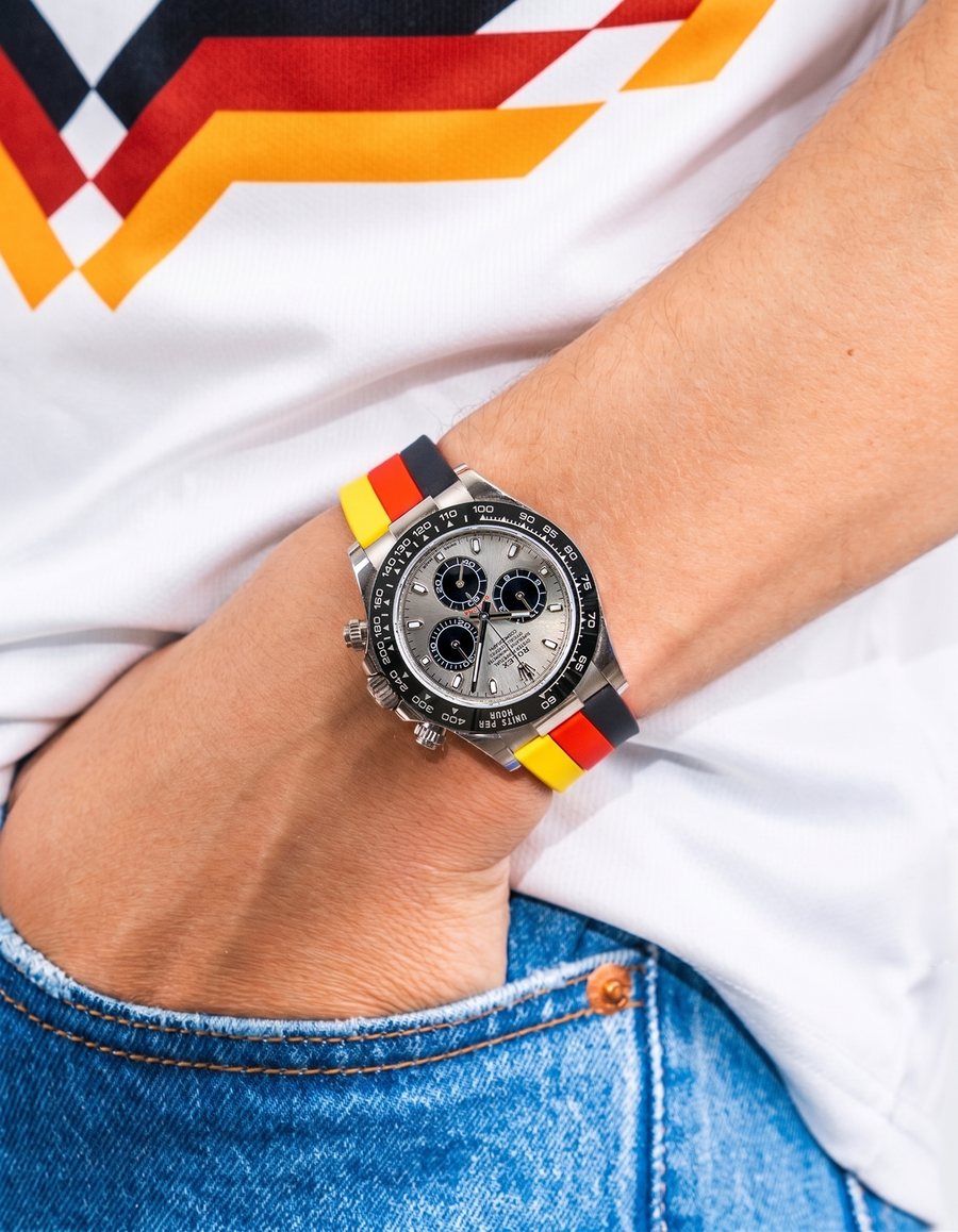 Wristbuddys World Cup 2026 watch straps in national team colors on Rolex Daytona, premium FKM rubber with quick release spring bars
