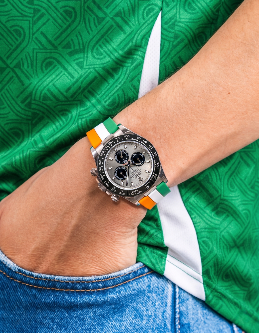 Wristbuddys World Cup 2026 watch straps in national team colors on Rolex Daytona, premium FKM rubber with quick release spring bars