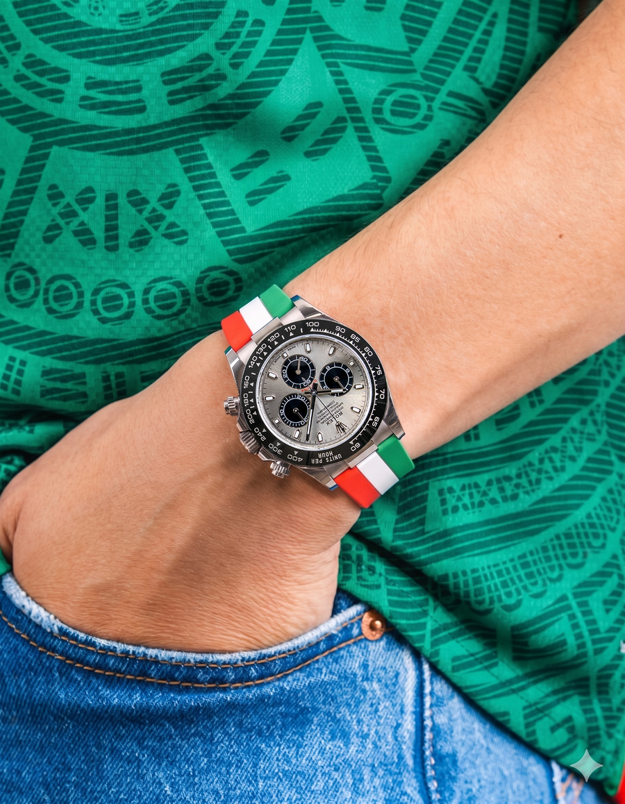 Wristbuddys World Cup 2026 watch straps in national team colors on Rolex Daytona, premium FKM rubber with quick release spring bars