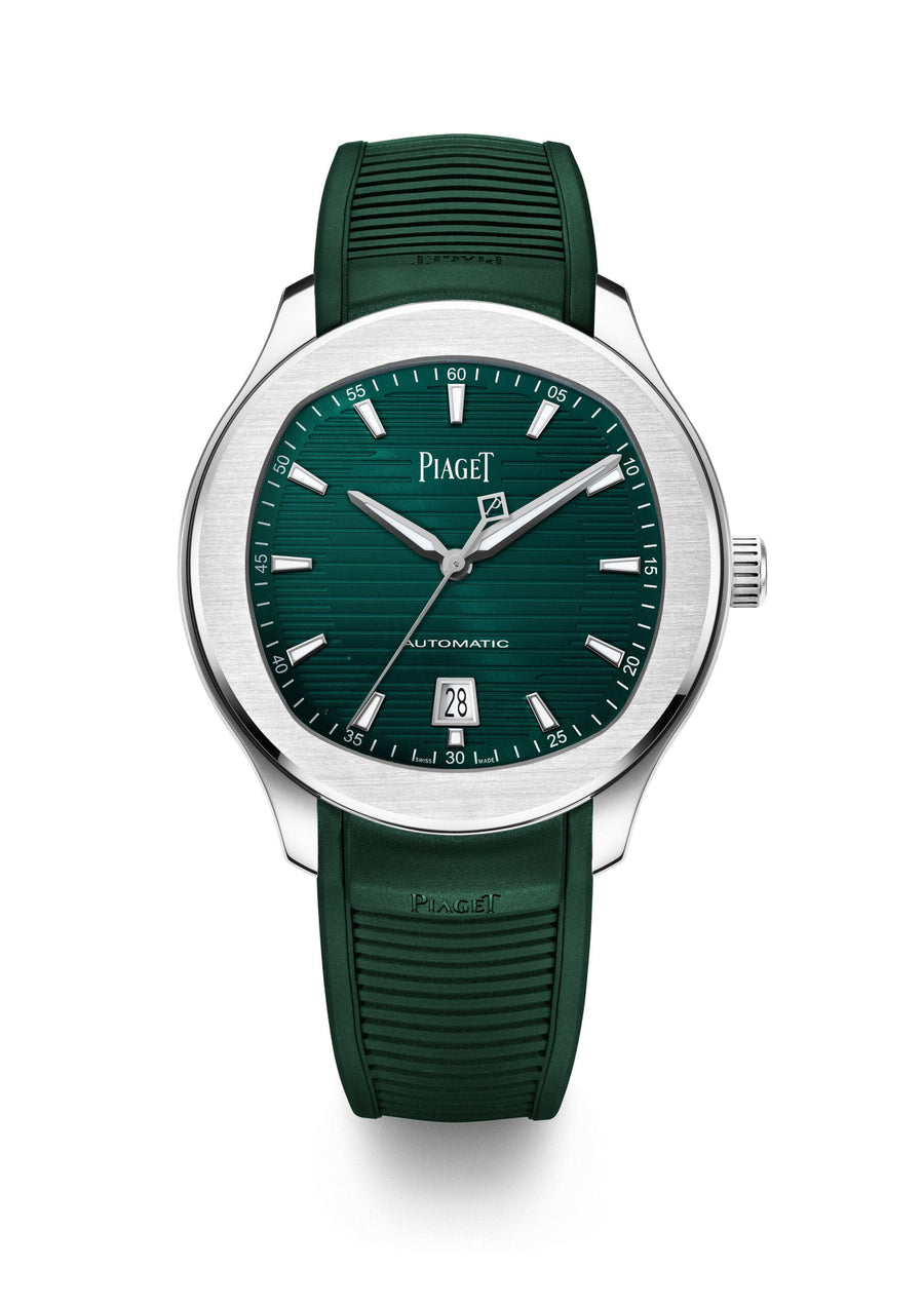 Piaget Polo Chronograph watch 42mm, Steel case on rubber strap, 1160P self-winding movement, H, Mn, S, Date, Chrono, Silvered dial with blue counters, Blue colored oscillating weight, Self-interchangeable strap