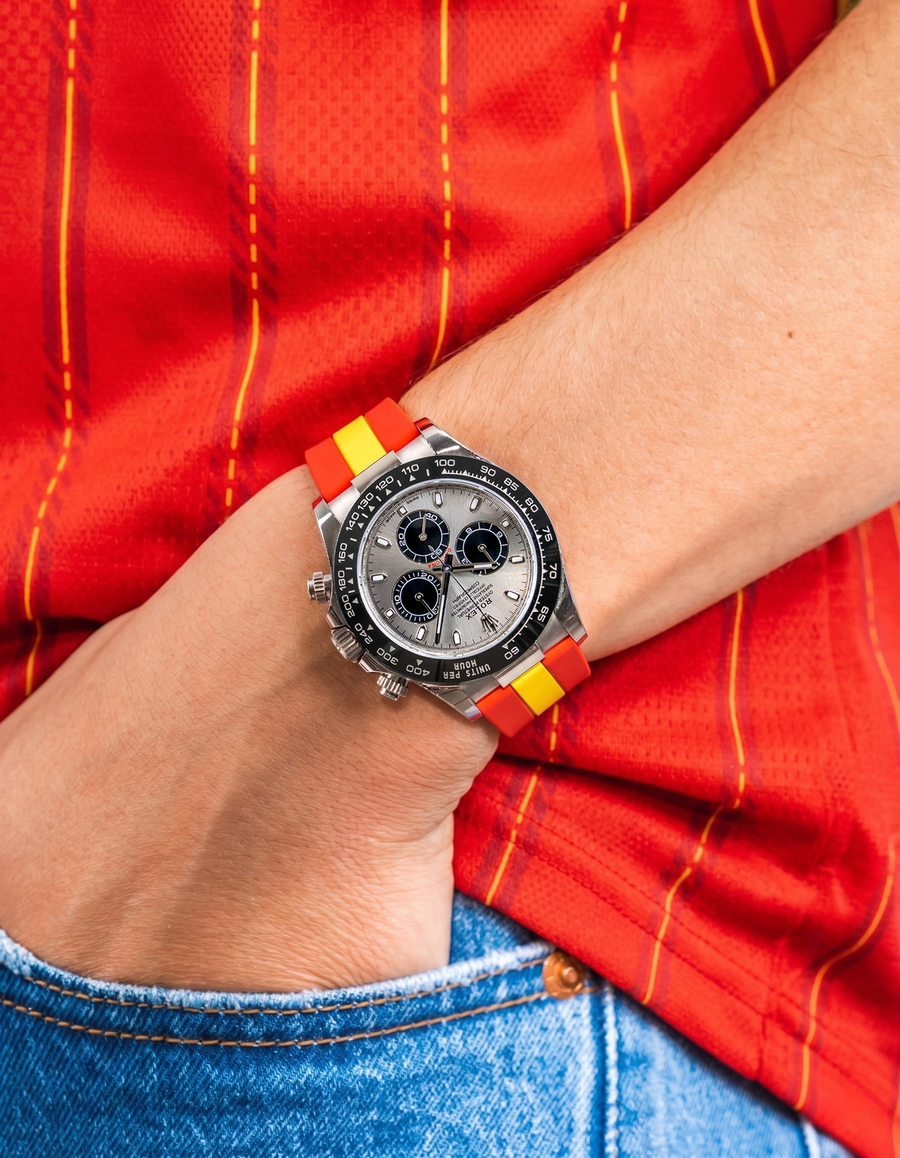 Wristbuddys World Cup 2026 watch straps in national team colors on Rolex Daytona, premium FKM rubber with quick release spring bars
