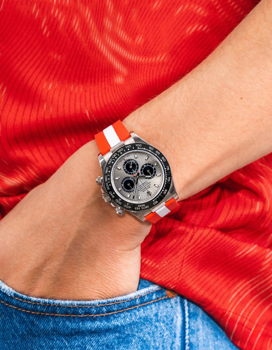 Wristbuddys World Cup 2026 watch straps in national team colors on Rolex Daytona, premium FKM rubber with quick release spring bars
