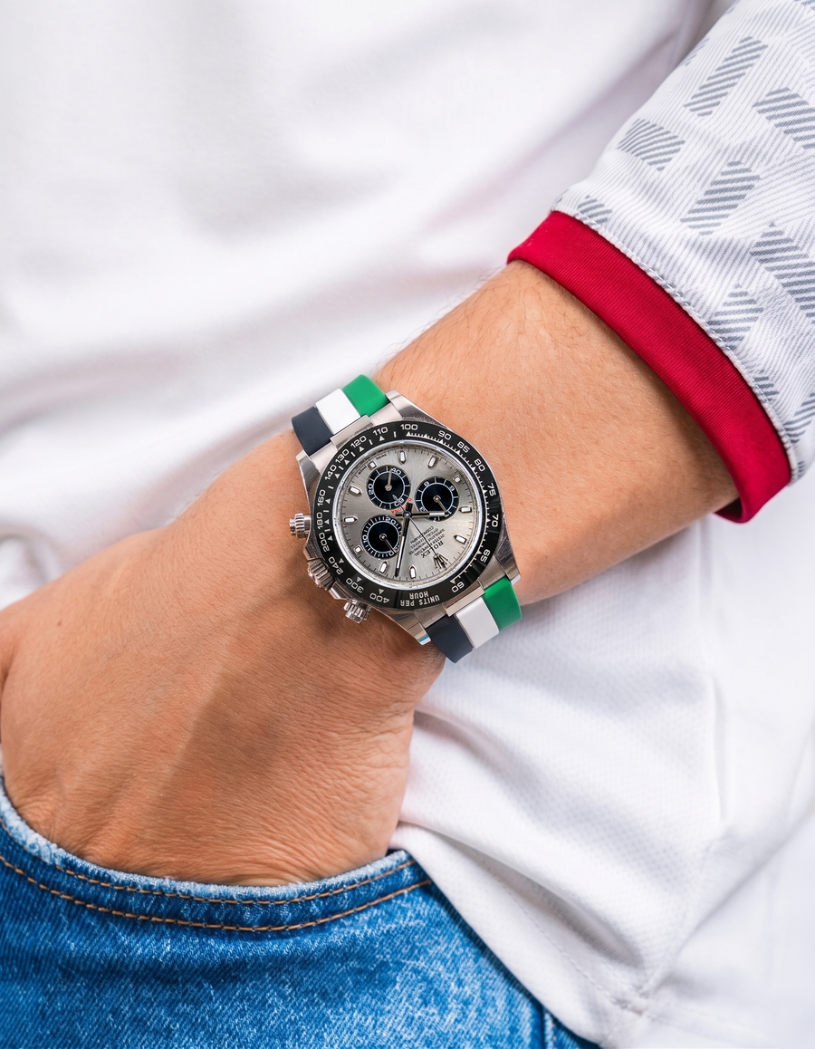 Wristbuddys World Cup 2026 watch straps in national team colors on Rolex Daytona, premium FKM rubber with quick release spring bars