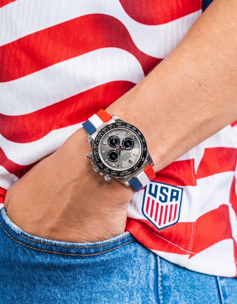 Wristbuddys World Cup 2026 watch straps in national team colors on Rolex Daytona, premium FKM rubber with quick release spring bars