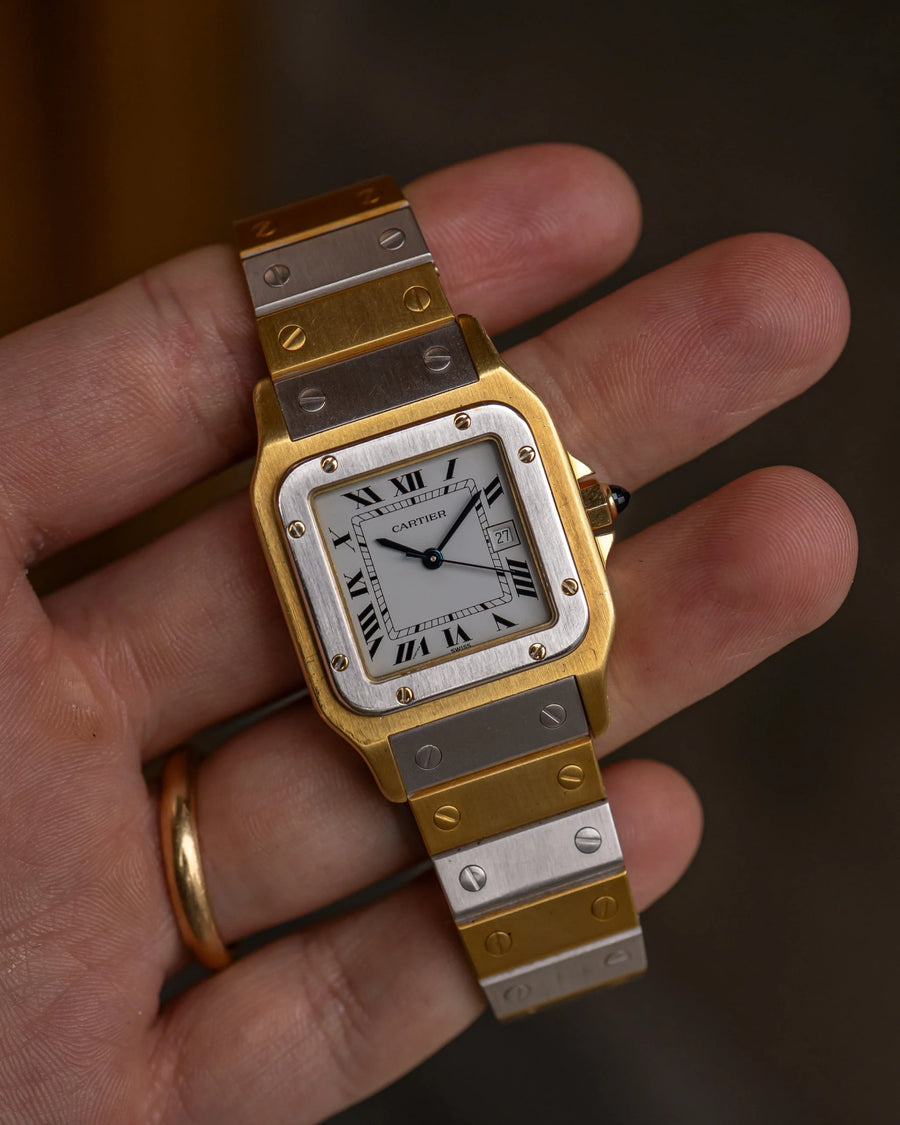 alt="Cartier Santos Carrée Deux Ors – 18k vit & gul"