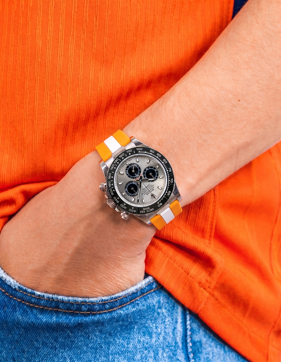 Wristbuddys World Cup 2026 watch straps in national team colors on Rolex Daytona, premium FKM rubber with quick release spring bars