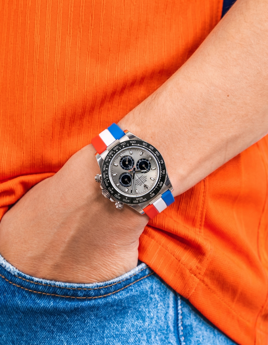 Wristbuddys World Cup 2026 watch straps in national team colors on Rolex Daytona, premium FKM rubber with quick release spring bars