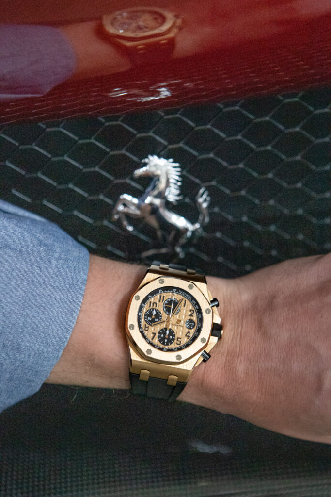 Audemars Piguet Royal Oak Offshore rose gold wristshot with Ferrari