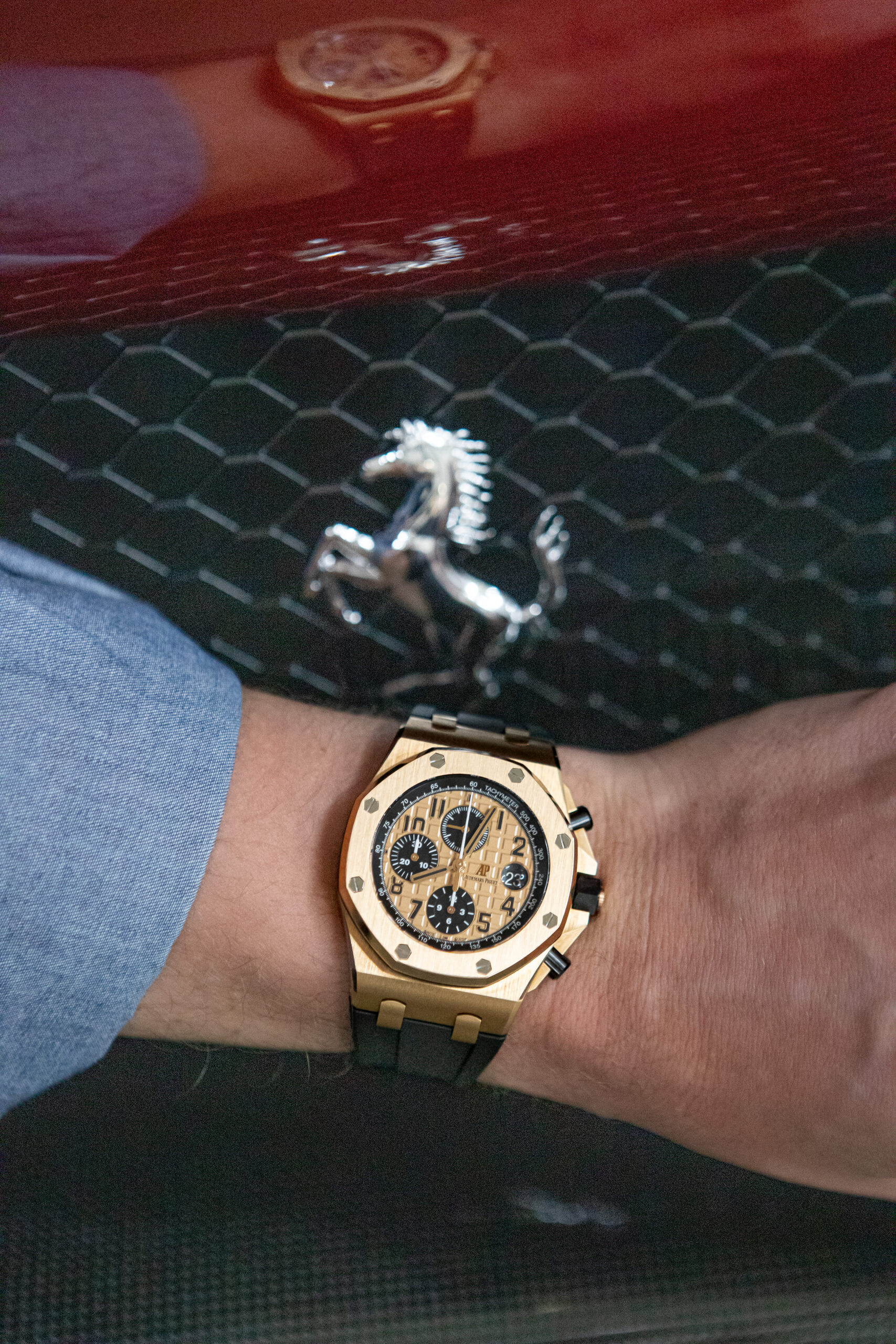 Audemars Piguet Royal Oak Offshore rose gold wristshot with Ferrari