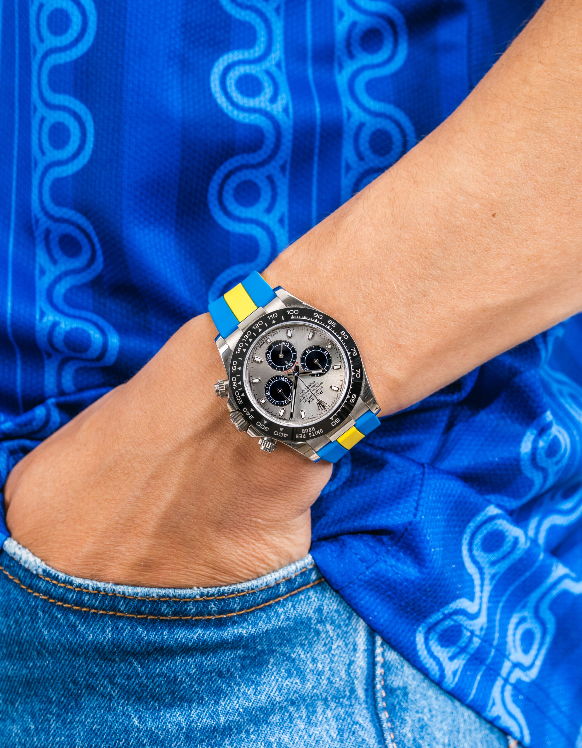 Wristbuddys FIFA World Cup 2026 inspired FKM rubber watch straps featuring national team colors paired with a Rolex Daytona